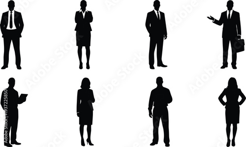 Professional business people silhouettes. A set of male and female professionals in various poses, with and without documents