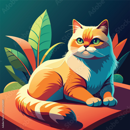 A stylized illustration of a ginger cat lounging in a tropical setting