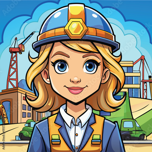 A young female character in a construction uniform. wearing a hard hat. stands in a construction setting.