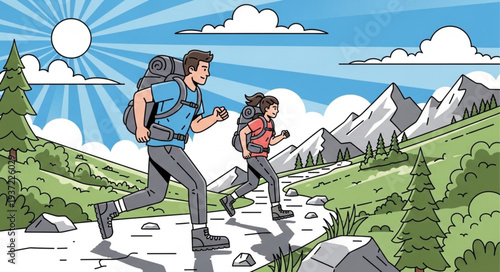 Hikers Trekking Through Mountain Landscape with Scenic Views.