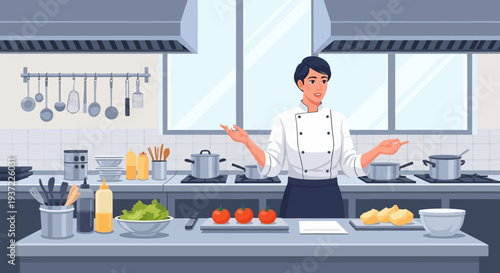 Chef Cooking in Kitchen.