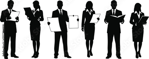 Professional business people silhouettes. A set of men and women holding documents and folders, isolated on a white background