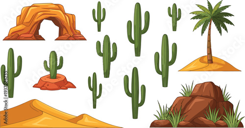 Desert Landscape Elements Vector Set with Cactus Sand Dunes Palm Tree Rock Formation and Natural Arid Environment Cartoon Illustration Collection