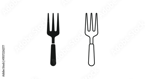 Set of 2 black vector fork icons, one solid silhouette and one outline, representing cutlery for dining, food, and restaurant concepts.