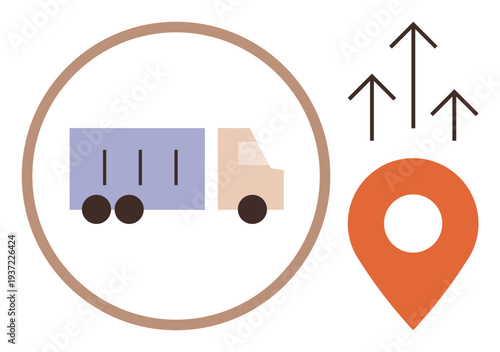 Supply chain, delivery operations, logistics management, transportation, location tracking, growth trends. Truck and map pinpoint with arrows. Supply chain and delivery operations concept