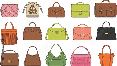 Fashion handbag and purse collection with leather tote, shoulder bag, briefcase, fringe bag, and stylish women accessories vector set
