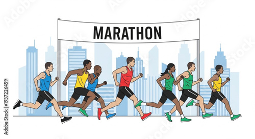 Group of Marathon Runners Running on City Street.