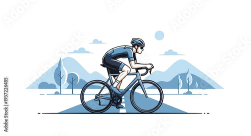 Cyclist Riding Bicycle on Road in Scenic Landscape.