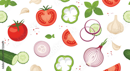 Fresh vegetable seamless pattern with tomato, cucumber, onion, garlic, basil, and bell pepper healthy food vector background