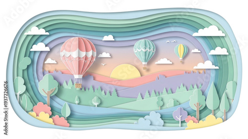 Hot air balloons floating above a serene landscape at sunrise from a high vantage point