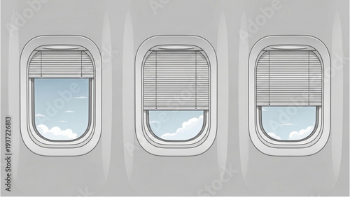 Airplane windows revealing clouds and sky from inside the aircraft cabin view