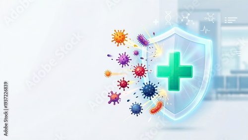 Medical shield protecting against virus and bacteria. Healthcare immunity concept with cross symbol repelling pathogens. Innovative protection technology for disease prevention and safety.