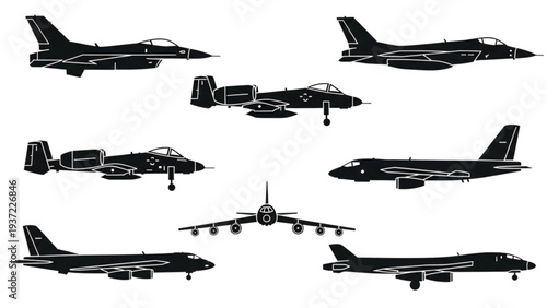 Multiple military aircraft silhouettes in various flight positions and angles displayed together