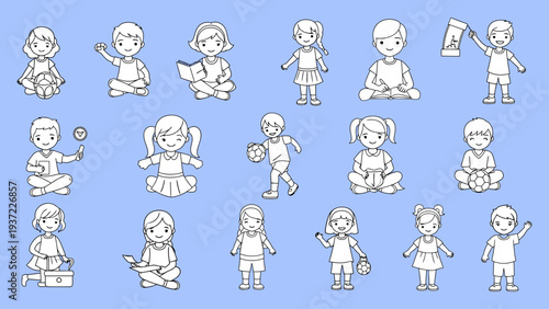 Set of black linear vector icons of various children engaged in different activities, playing, reading, studying, isolated on a light blue background vector illustration.