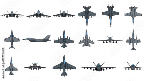 A collection of military aircraft silhouettes from various viewpoints and angles