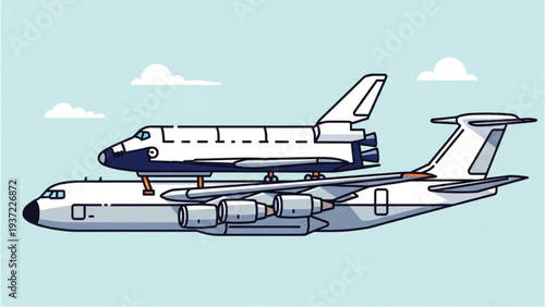 A large white airplane carrying a smaller jet aircraft in flight against a serene blue sky background with white clouds