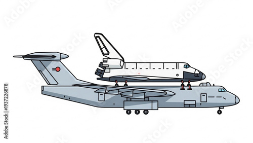 A large airplane carrying a space shuttle on its back is seen from the side