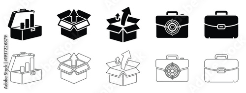 Business Briefcase, Product Packaging, Startup Kit and Unboxing Delivery Solid and Outline Icon Set with Open Box, Growth Tools and Corporate Work Symbols