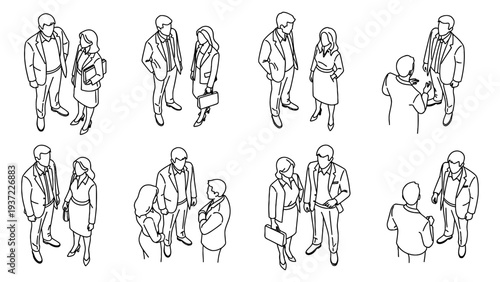 Various business people in different poses interacting at the office, isolated on a transparent background vector illustration.