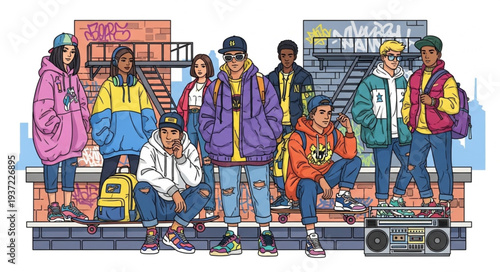 Group of Diverse Young People Waiting at Bus Stop.