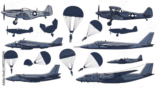 A collection of historical aircraft in flight and on parachute drops from various viewpoints and environments