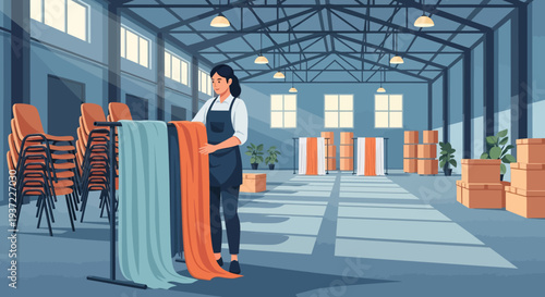 Warehouse Worker Inspecting Fabric.