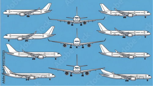 Multiple airplanes flying in formation against a clear blue sky viewed from directly above