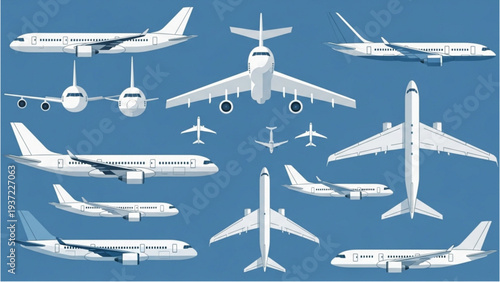 Collection of various airplanes viewed from multiple angles against a blue sky background illustration