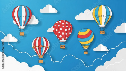 Colorful hot air balloons soaring through a bright blue sky with white clouds