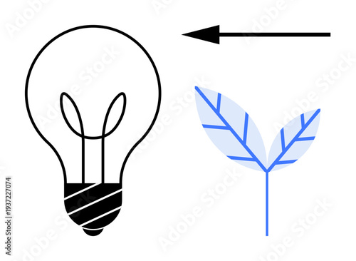 Renewable energy concept. Renewable energy d by light bulb, leaf symbol, and directional arrow. Renewable practices for sustainability, eco-friendly projects, green innovation, environmental