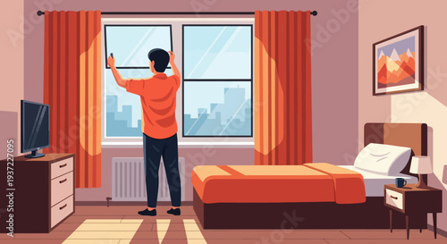 Woman Adjusting Window Curtains.
