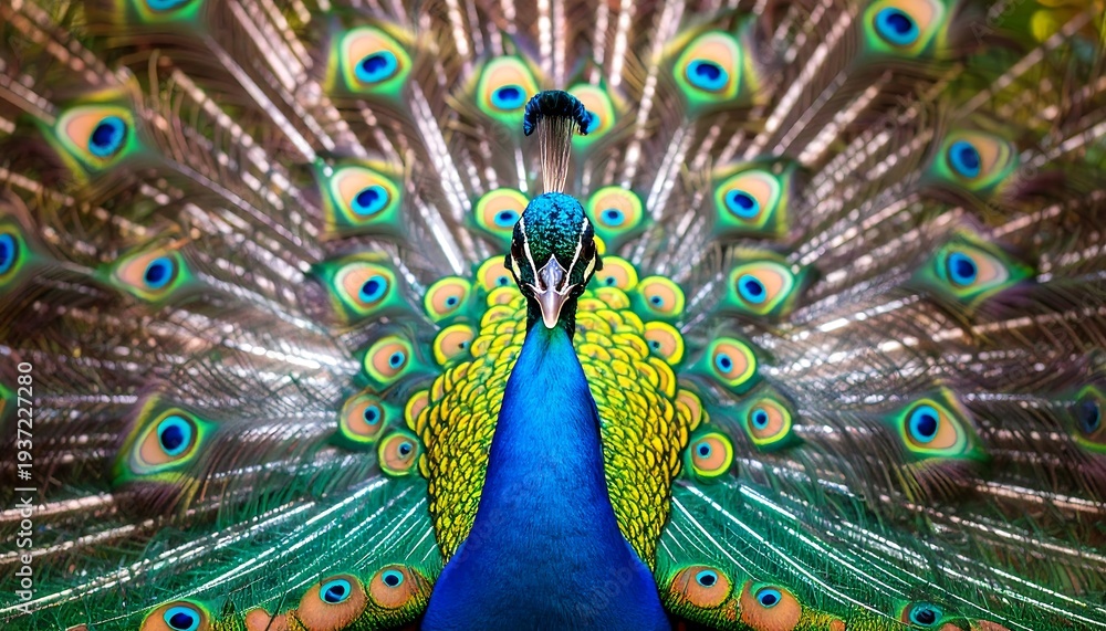 Obraz premium Peacock displaying vibrant feathers, radiating outwards, with stunning iridescence and intricate patterns