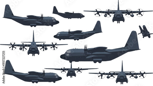 Military aircraft silhouettes in various configurations and sizes displayed together