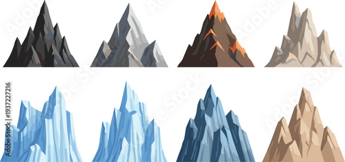 Mountain Peak Vector Set with Rocky Mountains, Snowy Alps, Ice Glaciers, and Volcanic Peaks Landscape Collection for Adventure, Travel, and Nature Designs
