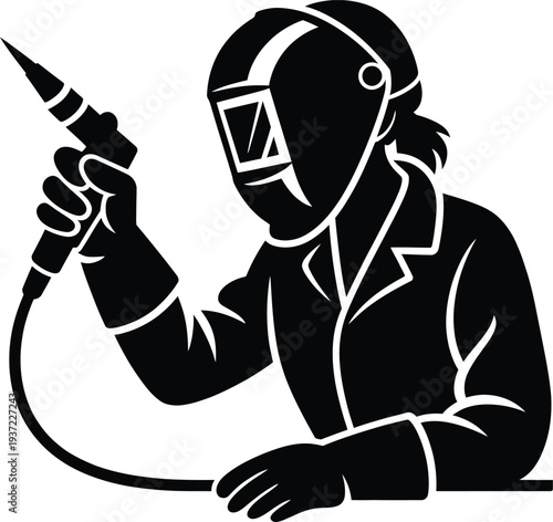 Professional welder wearing a protective mask holding a welding torch in a strong silhouette vector illustration on transparent background. 
