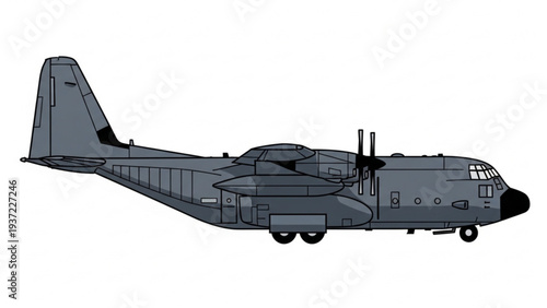 A large military aircraft is depicted in a side-view illustration, showcasing its mechanical details and dark gray color scheme on a neutral background.