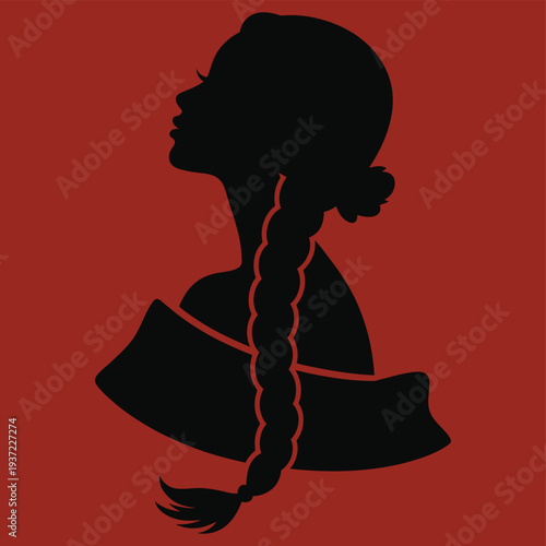 Elegant vector graphic illustration of a woman's profile with a long braided hairstyle, looking upwards gracefully on transparent background. 