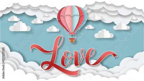 Romantic hot air balloon illustration with love lettering amidst fluffy clouds