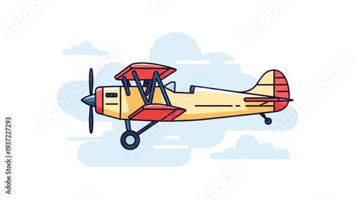 Vintage biplane illustration flying through cloudy sky with propeller spinning