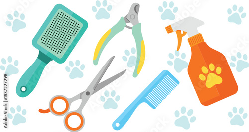 Pet Grooming Tools Vector Set with Brush Comb Scissors Nail Clipper Spray Bottle and Dog Cat Care Accessories Illustration