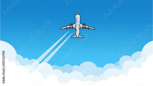 Airplane soaring through the sky leaving contrails behind a serene blue atmosphere from a distant viewpoint