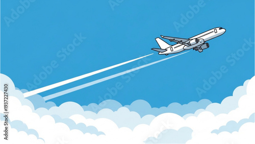 Airplane soars through clear blue sky above white clouds, viewed from below, showcasing commercial flight in action