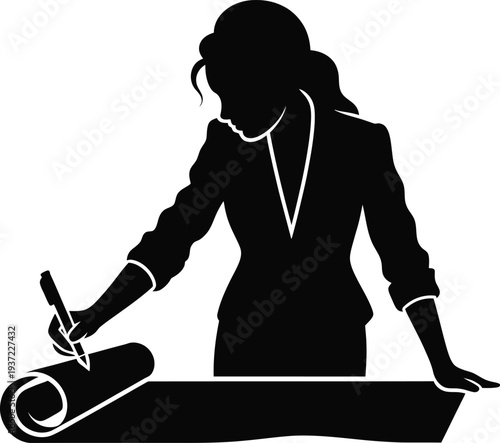 Professional woman vector illustration drawing on a blueprint or scroll with a pen, embodying detailed architectural design work on transparent background. 
