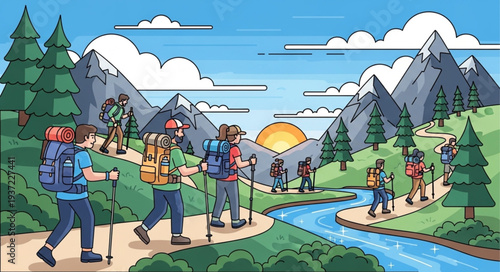 Group of hikers trekking through scenic mountain landscape.