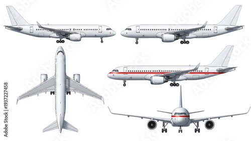 Commercial airplanes viewed from multiple angles against a white background in a graphic illustration