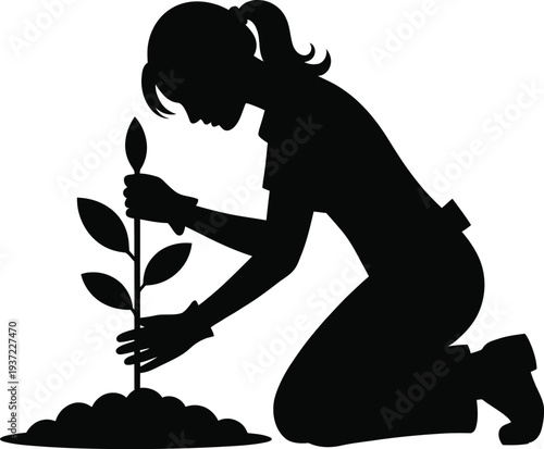 Silhouette vector graphic illustration of a dedicated woman carefully planting a small sapling seedling into the earth on transparent background. 