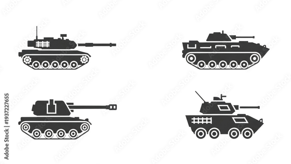 Obraz premium Military tanks in various configurations and viewpoints on a plain background