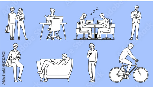 Daily life activities character set featuring people shopping, working at home, sleeping in an office, riding a bicycle, using a smartphone, and relaxing on a sofa, furniture vector illustration.