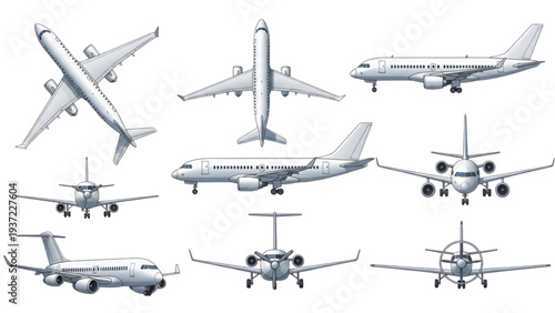 A collection of various aircraft viewed from multiple angles on a plain background