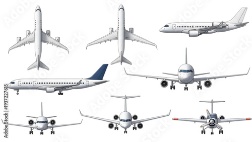 Multiple airplanes depicted from various viewpoints in a graphic illustration